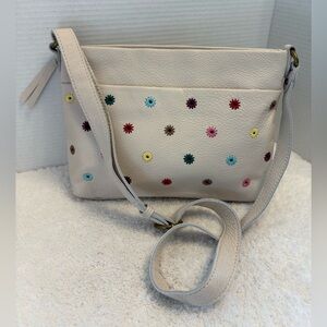 The Sak Lucia Crossbody Bag Stone Leather with Floral Eyelets 12” x 9”